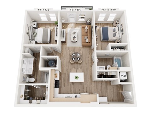 Floor plan for 2 beds, 2 baths, 1070 sqft